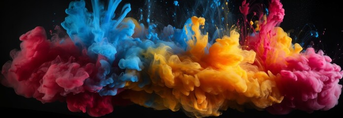 Poster - Colorful ink paint splatter smoke explosion background isolated on dark background