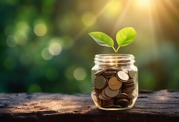 Aufkleber - A bottle containing coins with a plant growing on it with a blurred background in the morning. Concept of savings, growth