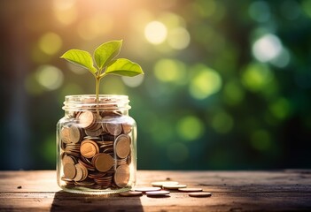 Aufkleber - A bottle containing coins with a plant growing on it with a blurred background in the morning. Concept of savings, growth