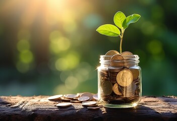 Aufkleber - A bottle containing coins with a plant growing on it with a blurred background in the morning. Concept of savings, growth