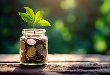 Aufkleber - A bottle containing coins with a plant growing on it with a blurred background in the morning. Concept of savings, growth