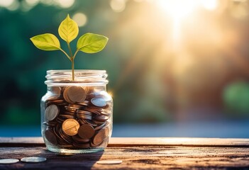Aufkleber - A bottle containing coins with a plant growing on it with a blurred background in the morning. Concept of savings, growth