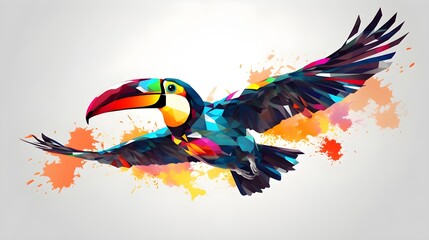 Wall Mural - Colorful a toucan darting through the air in a vibrant display on muted grey.