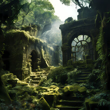 Ancient Ruins Covered In Vines And Moss. 