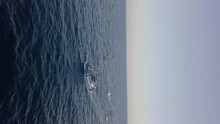 Vertical View Of A Fishing Boat Sailing On The Mediterranean Sea, Catalunya, Spain