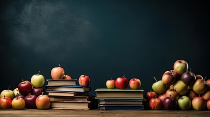 pile of books, stationery and apples on a wooden table with a minimalist background