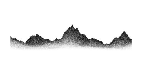 Poster - Grain stippled mountain range. Dotted landscape terrain silhouette. Black and white grainy hill chain. Grunge noise mountain peak background. Dot work texture wallpaper. Vector scenery illustration