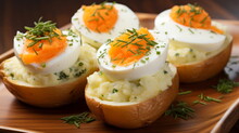 Baked Potatoes Filled With A Creamy Mixture, Topped With Half A Boiled Egg And Chives, Arranged On A Wooden Serving Board