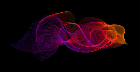 Wall Mural - Gradient wave line blend form. Abstract purple red yellow flowing lines design element. Dynamic neon line smoky shape. Sound waves or ai illustration concept. Vector curved pattern background
