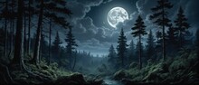 Night Forest Illustration: Dark, Lush Trees, Hidden Moon