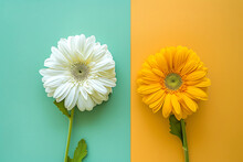 White And Yellow Flower On A Two-Tone Background. A White Flower With A Yellow Center On A Turquoise Background And A Yellow Flower On An Orange Background, Both Lying On A Horizontal Surface. 