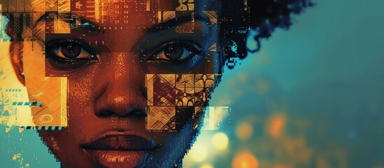 Poster - blend of pixelated illustration with photo of beautiful african american female model.