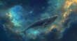 a whale flies through the clouds in the night sky