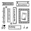 set of hand drawn broadway doodles including broadway street sign, nyc subway sign, music notes, broadway theatre marquee, palace theatre marquee, schoenfeld theatre marquee, dressing room mirror