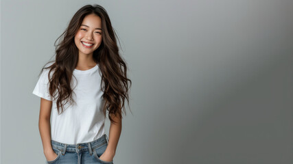 Asian woman wear white t-shirt smile isolated on grey background