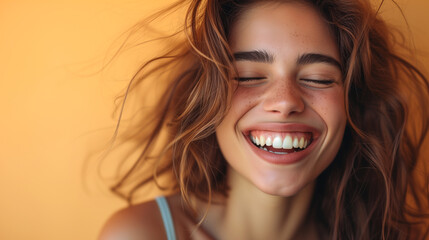 Wall Mural - Candid laughter portrait of a young woman on rustic yellow background with copy space.
