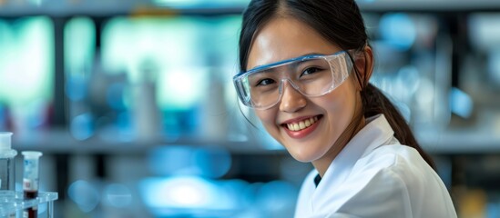 Wall Mural - a woman wearing glasses, a lab coat, and goggles is happily smiling in an electric blue laboratory, 