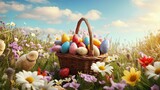 Fototapeta  - Joyful Easter Celebration: Colorful Eggs Basket amidst a Blooming Flowerfield