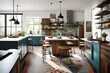 An eclectic kitchen featuring a mix of vintage and contemporary elements, creating a vibrant and unique space.