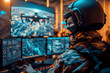 Soldier Command operating at control panel in monitoring war room on war base. Generative AI