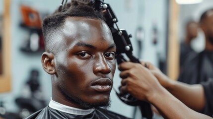 Barber trims hair with clipper on young unshaven black man in barbershop studio. Professional hairdresser cut hair with electric shearer machine on African guy.