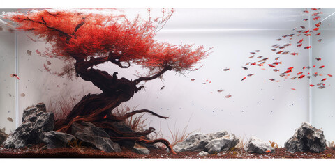 Wall Mural - A captivating nature aquarium with underwater red color plants, driftwood, rocks, and fish, showcasing a harmonious aquascape design