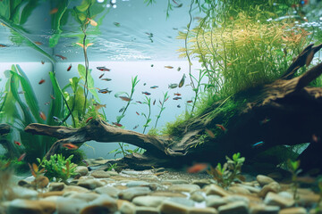 Wall Mural - A captivating nature aquarium with underwater plants, driftwood, rocks, and fish, showcasing a harmonious aquascape design