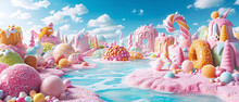 Candy Wonderland With Sugary Landscapes And Blue River