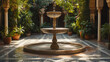 A mosaic fountain in the center of the courtyard trickles softly, its soothing sound echoing through the sun-dappled space.