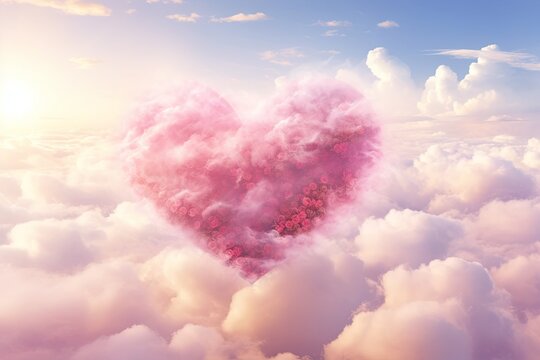 Pink heart shaped cloud in the sky background. Valentine's day-wedding. greeting card. presentation. advertisement. copy text space.