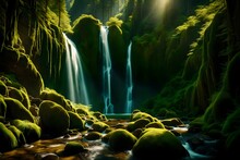 Sun-kissed Waterfalls Descending Through A Canvas Of Verdant, Moss-covered Mountain Slopes In Perfect Harmony.