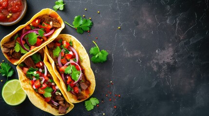 Mexican tacos, amazing, orange gradient background, no lime, copy space