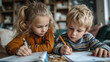 Artistic close-up of siblings doing homework together, capturing concentration and collaboration, in a Daily Family Routine 44