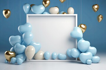 Wall Mural - Blank white frame border with balloons on blue background. mother's day-father's day. birthday party. Mockup presentation. advertisement. copy text space.