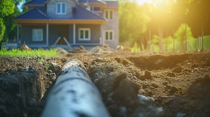 installation of a sewage plastic pipe during the construction of a house. Creative Banner. Copyspace image