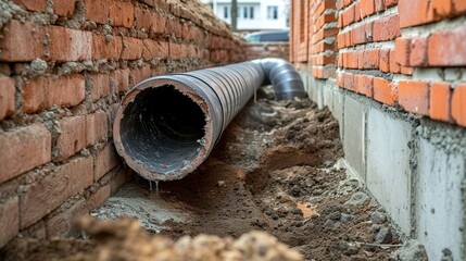 Wall Mural - installation of a sewage plastic pipe during the construction of a house. Creative Banner. Copyspace image