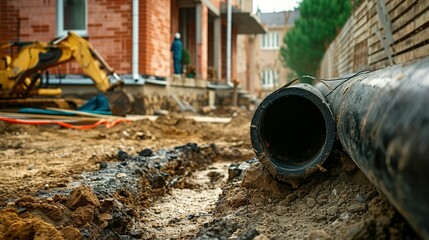 Wall Mural - installation of a sewage plastic pipe during the construction of a house. Creative Banner. Copyspace image