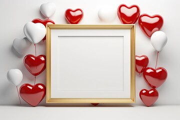 Wall Mural - Blank white frame photo with red heart balloons on white background. Valentine'sday-mother's day. birthday party. Mockup presentation. advertisement. copy text space.