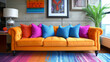 Bright orange couch with colorful throw pillows inside modern living room area. 