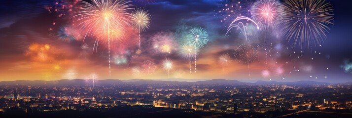 illustration - colorful fireworks in the night sky, bokeh blur background, out of focus city lights, background image.