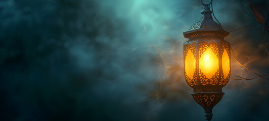 Poster - A decorative Islamic lantern with a banner for Ramadan and Eid al-Adha celebrations