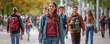 panoramic view of students walking to class in a university or college environment. Moving crowd motion blurred background, hd, realistic photo. 