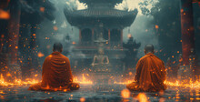 Buddhist Monks Engaging Near Serene Buddha Statue. Harmony And Serenity Concept. Generative AI.