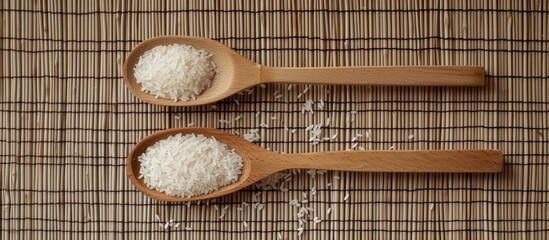 Poster - Two sizes of wooden spatulas used to scatter white rice on a mat.