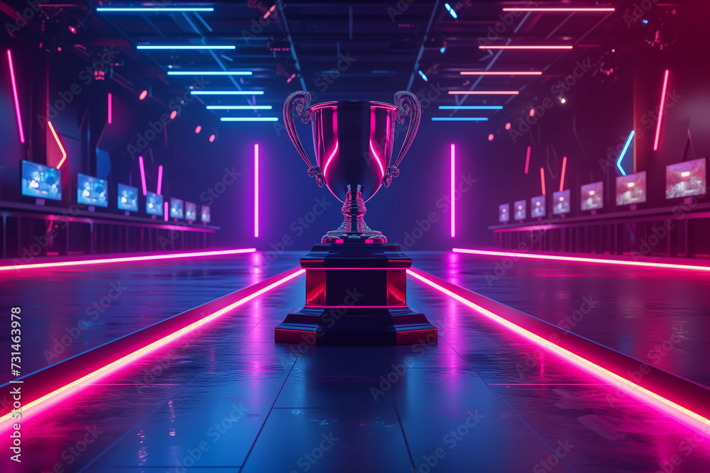 The esports winner trophy stands proudly on the stage in the heart of ...