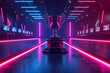 The esports winner trophy stands proudly on the stage in the heart of the computer video game championship arena. Two rows of PCs are set up for competing teams, surrounded by stylish neon lights 