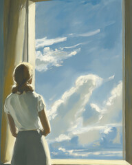 painting of a woman starring out a bright sunny window at puffy clouds, using muted whites, blues, tan colors.