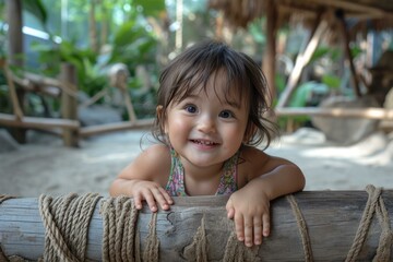 Canvas Print - A little girl smiles while leaning on a wooden fence. Generative AI.