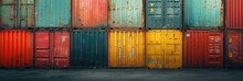Colorful Shipping Containers Stacked In A Row. Generative AI.