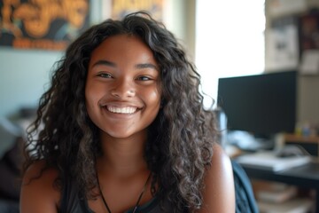 A young woman with curly hair smiles at the camera. Generative AI.